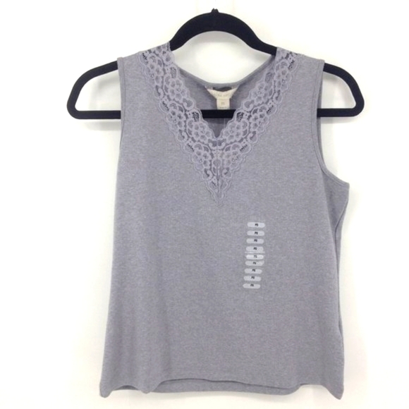 NWT 🔖Laura Ashley Lace Trimmed V Neck Gray Tank Top. - Picture 2 of 7